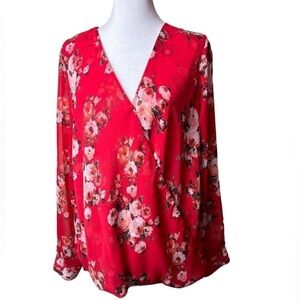 Kut From The Kloth Red Floral Print Crossover Snap Closure V-neck Top Size Med.